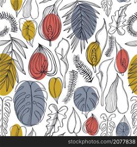 Hand drawn tropical leaves and flowers. Vector seamless pattern.. Tropical flowers. Vector seamless pattern .
