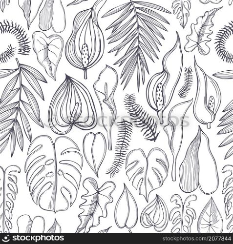 Hand drawn tropical leaves and flowers. Vector seamless pattern.. Tropical flowers. Vector seamless pattern .