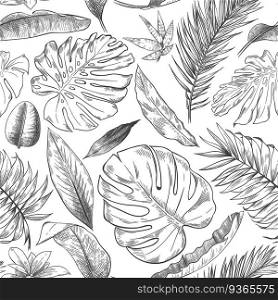 Hand drawn tropical leaves pattern. Sketch drawing palm branch, monstera leaf and exotic forest plants leaf seamless vector background illustration. Flora foliage rainforest, wildlife forest seamless. Hand drawn tropical leaves pattern. Sketch drawing palm branch, monstera leaf and exotic forest plants leaf seamless vector background illustration