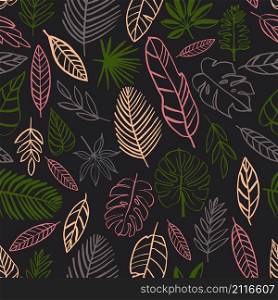 Hand drawn tropical leaves. Vector seamless pattern. Hand drawn tropical plants.