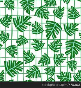 Hand drawn tropical monstera leaves seamless pattern on stripes background. Summer design for fabric, textile print, wrapping paper, children textile. Vector illustration. Hand drawn tropical monstera leaves seamless pattern on stripes background.