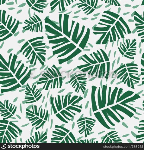 Hand drawn tropical monstera leaves seamless pattern. Summer design for fabric, textile print, wrapping paper, children textile. Vector illustration. Hand drawn tropical monstera leaves seamless pattern.