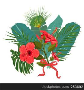 Hand drawn tropical palm leaves and jungle exotic flower bouquet isolated on white background with seamless frame border. Banner, poster, flyer, card, postcard, cover. Vector illustration. Hand drawn tropical palm leaves and jungle exotic flower bouquet isolated on white background with seamless frame border