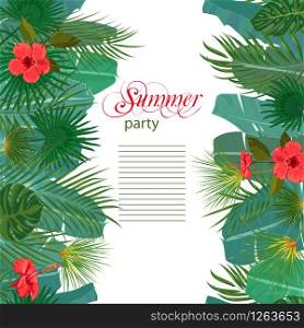 Hand drawn tropical palm leaves and jungle exotic flower flyer template on white background with seamless frame border. Banner, poster, flyer, card, postcard, cover. Vector illustration. Hand drawn tropical palm leaves and jungle exotic flower flyer template on white background with seamless frame border