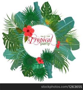 Hand drawn tropical palm leaves and jungle exotic flower flyer template on white background with seamless frame border. Banner, poster, flyer, card, postcard, cover. Vector illustration. Hand drawn tropical palm leaves and jungle exotic flower flyer template on white background with seamless frame border