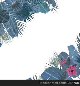 Hand drawn tropical palm leaves and jungle exotic flower holiday template on white background with place for your text. Banner, poster, flyer, card, postcard, cover. Vector illustration. Hand drawn tropical palm leaves and jungle exotic flower holiday template on white background
