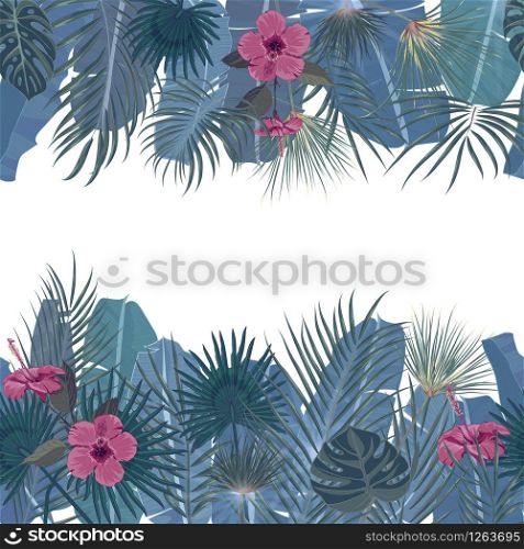 Hand drawn tropical palm leaves and jungle exotic flower template on white background with seamless border and place for your text. Banner, poster, flyer, card, postcard, cover. Vector illustration. Hand drawn tropical palm leaves and jungle exotic flower holiday template on white background with seamless frame border