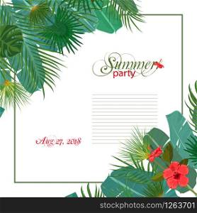 Hand drawn tropical palm leaves and jungle exotic flower wedding invitation template on white background with seamless frame border. Banner, poster, flyer, card, postcard, cover. Vector illustration. Hand drawn tropical palm leaves and jungle exotic flower wedding invitation template on white background with seamless frame border