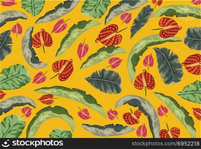 hand drawn tropical pattern with bright hibiscus flowers and exotic palm leaves on dark background