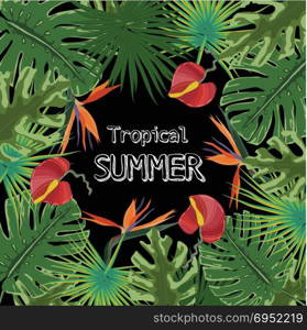 hand drawn tropical pattern with bright hibiscus flowers and exotic palm leaves on dark background