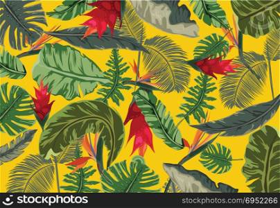 hand drawn tropical pattern with bright hibiscus flowers and exotic palm leaves on dark background