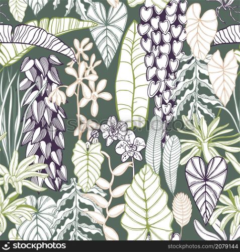 Hand drawn tropical plants and flowers. Vector seamless pattern. Hand drawn tropical plants.