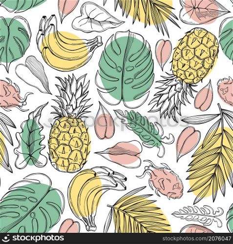 Hand drawn tropical plants and fruits. Vector sketch pattern.. Tropical plants and fruits. Vector pattern