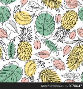 Hand drawn tropical plants and fruits. Vector sketch pattern.. Tropical plants and fruits. Vector pattern