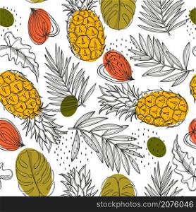 Hand drawn tropical plants and pineapples.Vector seamless pattern. Tropical plants and pineapples.Vector pattern