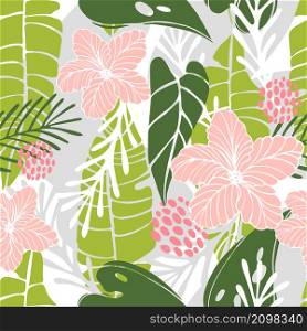 Hand drawn tropical plants.Flowers and leaves. Vector seamless pattern. Hand drawn tropical plants.