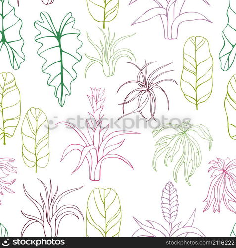 Hand drawn tropical plants. Leaves and flowers.Vector seamless pattern