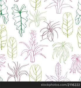 Hand drawn tropical plants. Leaves and flowers.Vector seamless pattern