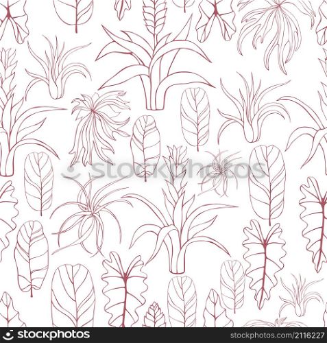 Hand drawn tropical plants. Leaves and flowers.Vector seamless pattern