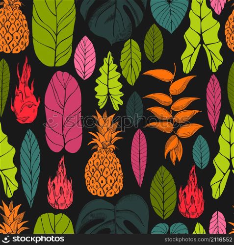 Hand drawn tropical plants. Leaves and fruits.Vector seamless pattern. Hand drawn tropical plants. Leaves and flowers.Vector seamless pattern
