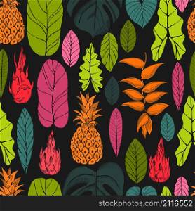 Hand drawn tropical plants. Leaves and fruits.Vector seamless pattern. Hand drawn tropical plants. Leaves and flowers.Vector seamless pattern