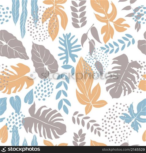 Hand drawn tropical plants. Leaves. Vector seamless pattern. Hand drawn tropical plants.