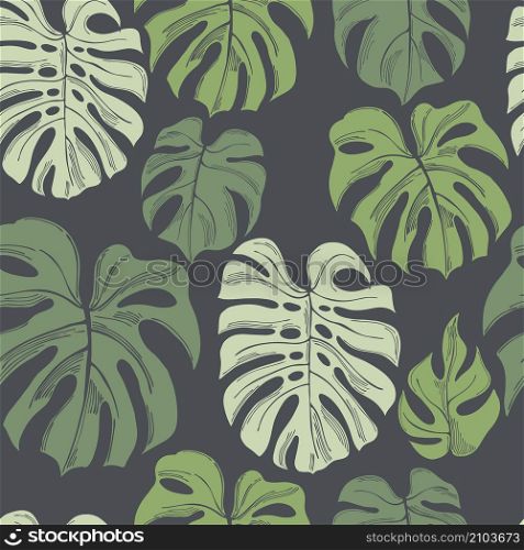 Hand drawn tropical plants. Monstera plant. Vector seamless pattern. Hand drawn tropical plants.