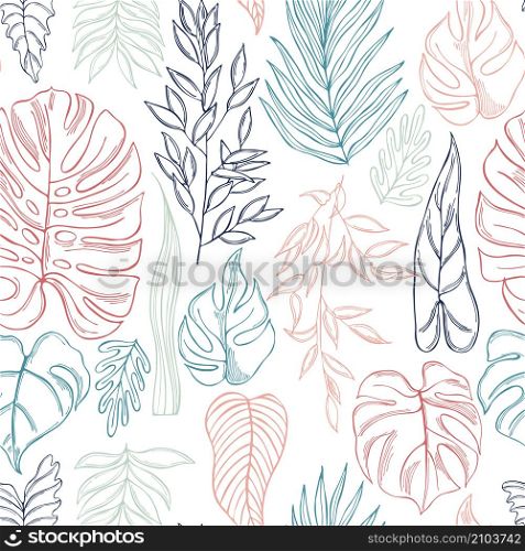 Hand drawn tropical plants.Vector seamless pattern. Hand drawn tropical plants.