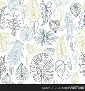 Hand drawn tropical plants. Vector seamless pattern. Tropical plants. Vector pattern