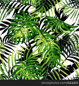 Hand drawn tropical plants watercolor seamless vector pattern monstera leaf and palm, black and white leaves silhouette background
