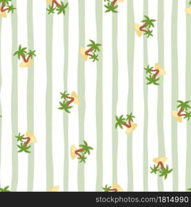 Hand drawn tropical seamless pattern with random green island and palm tree ornament. Striped background. Designed for fabric design, textile print, wrapping, cover. Vector illustration.. Hand drawn tropical seamless pattern with random green island and palm tree ornament. Striped background.