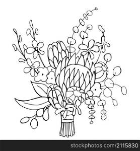 Hand-drawn tropical wedding bouquet.Vector sketch illustration.. Hand-drawn tropical wedding bouquet.