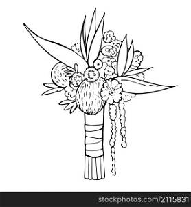 Hand-drawn tropical wedding bouquet.Vector sketch illustration.. Hand-drawn tropical wedding bouquet.
