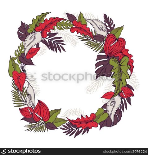 Hand drawn tropical wreath with flowers and leaves. Vector sketch illustration.. Tropical wreath. Vector illustration.
