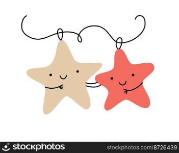 Hand drawn two cute happy lover star toys. Couple for Christmas tree. Merry xmas and Happy New Year contour isolated illustration for the celebration of winter holidays.. Hand drawn two cute happy lover star toys. Couple for Christmas tree. Merry xmas and Happy New Year contour isolated illustration for the celebration of winter holidays