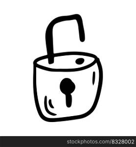 Hand drawn unlock padlock. Doodle protection security icon isolated on white. Sketch of security and protection element. Symbols home protection vector illustration