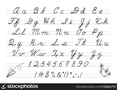 Hand drawn uppercase calligraphic alphabet and number. Cursive letters. Vector illustration.