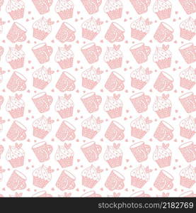 Hand drawn valentine love seamless pattern of cupcake and cup. Doodle scandinavian heart elements. Illustration for textile, background, wallpaper design.. Hand drawn valentine love seamless pattern of cupcake and cup. Doodle scandinavian heart elements. Illustration for textile, background, wallpaper design