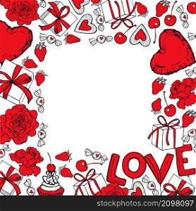 Hand drawn Valentine&rsquo;s Day background with balloons, flowers and gifts. Cector sketch illustration.. Vector background with flowers and sweets.