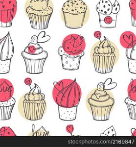 Hand-drawn Valentine&rsquo;s Day cupcakes with hearts. Vector seamless pattern.. Vector pattern with Valentine&rsquo;s Day cupcakes.