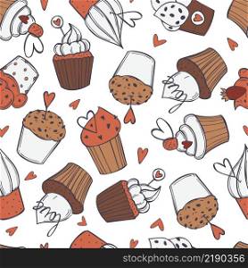 Hand-drawn Valentine&rsquo;s Day cupcakes with hearts. Vector seamless pattern.. Vector pattern with Valentine&rsquo;s Day cupcakes.