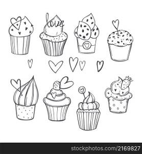 Hand-drawn Valentine&rsquo;s Day cupcakes with hearts. Vector sketch illustration.. Valentine&rsquo;s Day cupcakes . Sketch illustration.