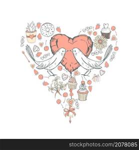 Hand drawn Valentine&rsquo;s Day heart. Vector sketch illustration with birds, flowers, balloons, and sweets. . Hand drawn Valentine&rsquo;s Day heart.