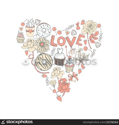Hand drawn Valentine&rsquo;s Day heart. Vector sketch illustration with flowers and sweets. . Hand drawn Valentine&rsquo;s Day heart.