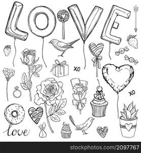 Hand drawn Valentine&rsquo;s Day set on white background. Vector sketch illustration.. Vector graphic Valentine&rsquo;s Day set