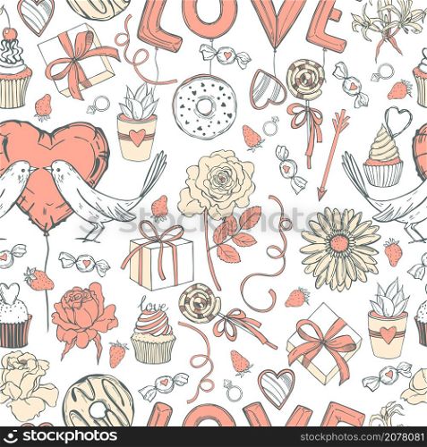 Hand drawn Valentine&rsquo;s Day set. Vector seamless pattern with flowers, birds and sweets. Sketch illustration.. Vector pattern with flowers and sweets.