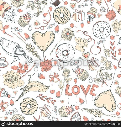 Hand drawn Valentine&rsquo;s Day set. Vector seamless pattern with flowers, birds and sweets. Sketch illustration.. Vector pattern with flowers and sweets.