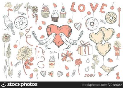 Hand drawn Valentine&rsquo;s Day set. Vector sketch illustration with flowers,balloons, birds and sweets. . Vector background with flowers and sweets.