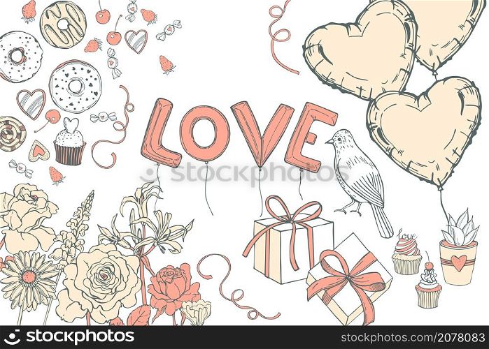 Hand drawn Valentine&rsquo;s Day set. Vector sketch illustration with flowers,balloons, birds and sweets. . Vector Valentine&rsquo;s Day background.