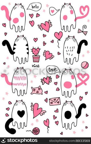 Hand drawn Valentine s  cat collection in simple doodle style. Perfect for tee, stickers, poster. Isolated vector illustration for decor and design.